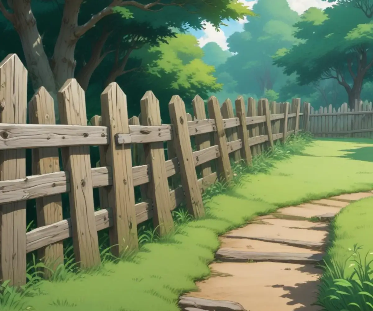 A weathered wooden fence leaning to one side, temporarily supported by a diagonal wooden brace in a green lawn.