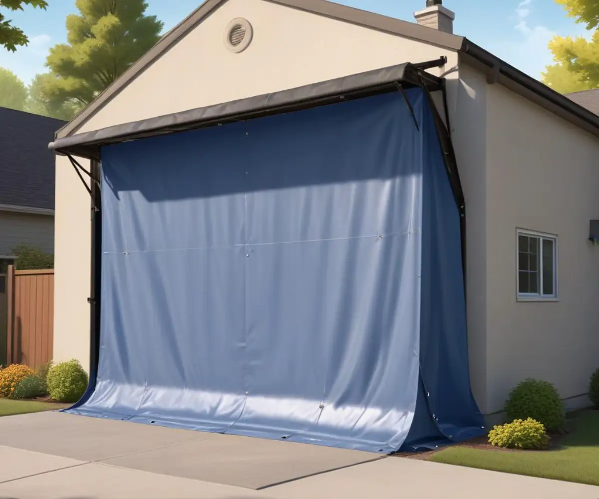 A temporary, heavy-duty industrial tarp with reinforced grommets covering a residential garage opening.