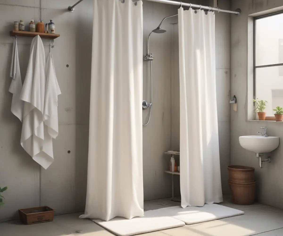 A white portable shower unit with a shower head and curtain, set up in a residential garage with a concrete floor and exposed wall studs in the background.