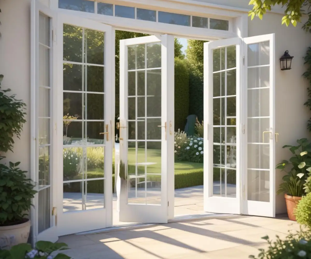 Elegant white double French doors with glass panels leading to a sunlit patio and garden.