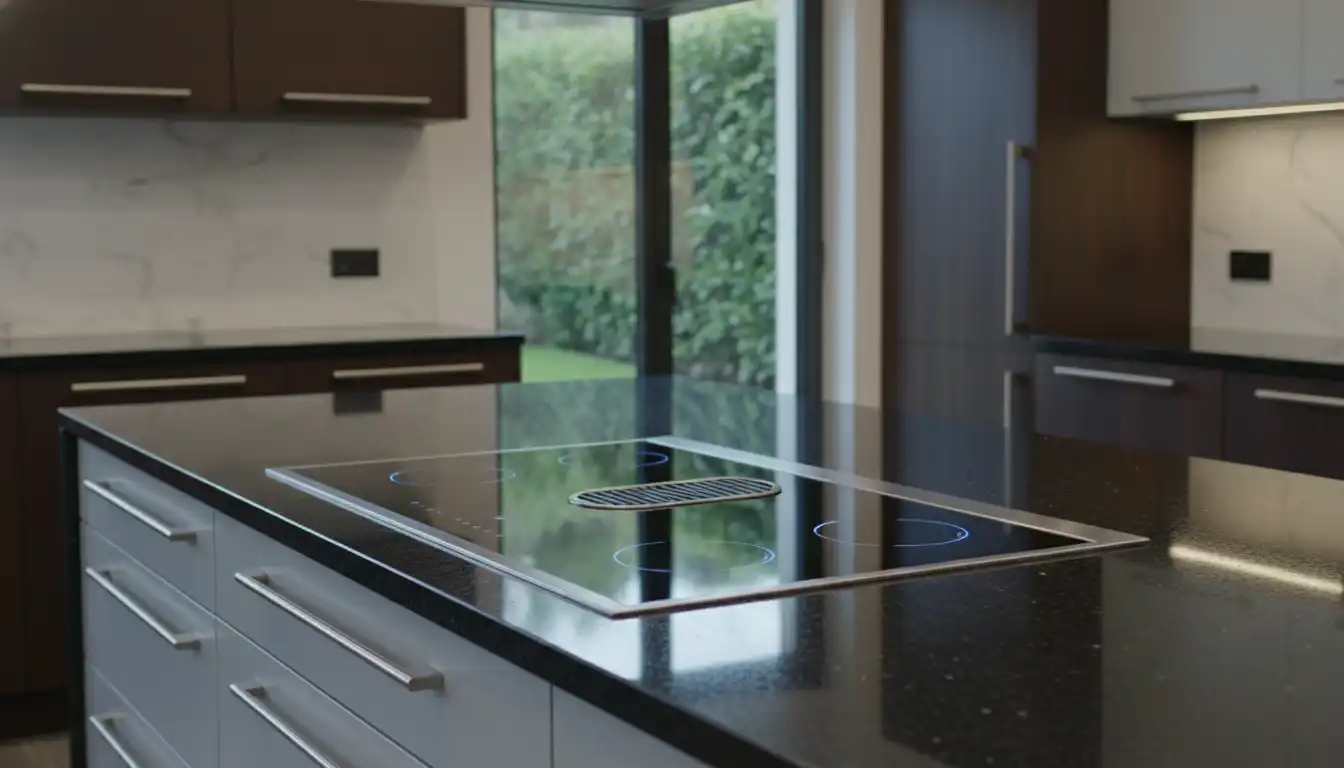 A sleek, black glass Thermador Freedom Induction cooktop integrated into a modern kitchen countertop.
