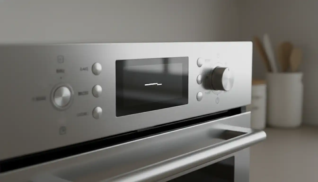 Close-up of a stainless steel oven's digital display, showing a blank or malfunctioning clock.