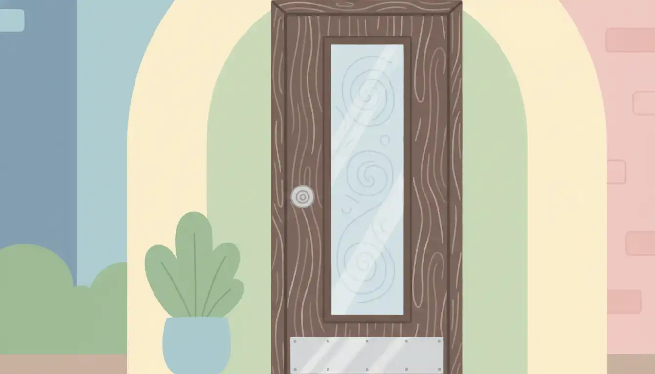 A close-up of a dark brown, wood-grain textured fiberglass front entry door with a vertical frosted glass panel.