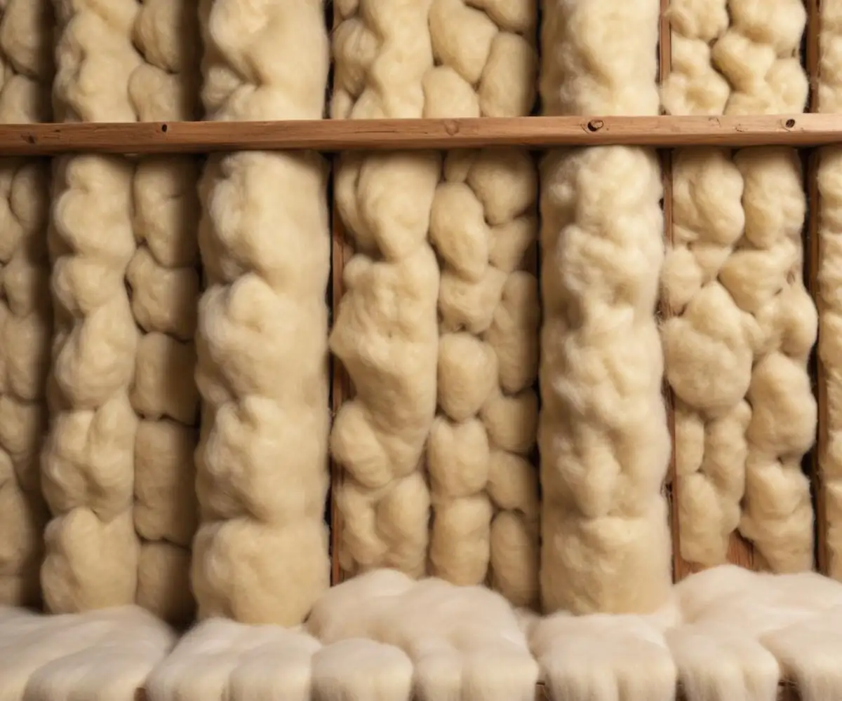 Close-up of thick, dense mineral wool insulation batts fitted between wooden wall studs.