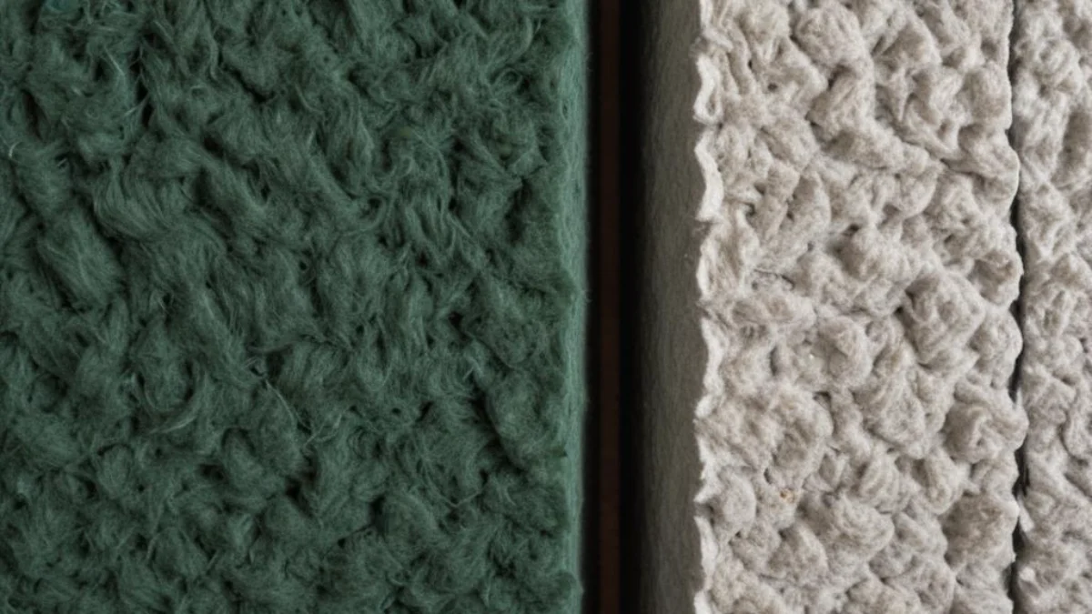 Side-by-side comparison of dark green Thermafiber and grey Rockwool mineral wool insulation batts, showcasing their distinct textures for soundproofing applications.