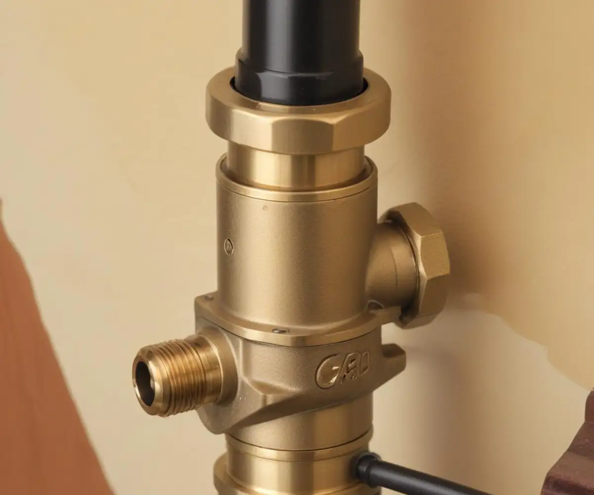 Close-up of a broken brass thermal release valve with the threaded portion snapped off inside a gas fireplace assembly.