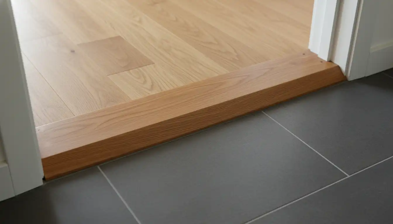 A wooden floor threshold strip installed in a doorway, creating a smooth transition between a light hardwood floor and a dark gray tile floor.