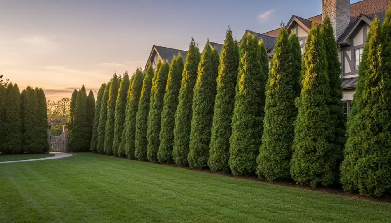 A dense privacy hedge of tall Thuja Green Giant arborvitae trees lining a property.