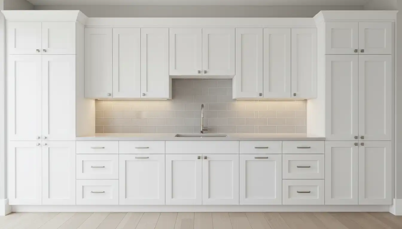 A set of modern, white shaker-style kitchen cabinets with brushed nickel handles installed against a gray tiled backsplash.