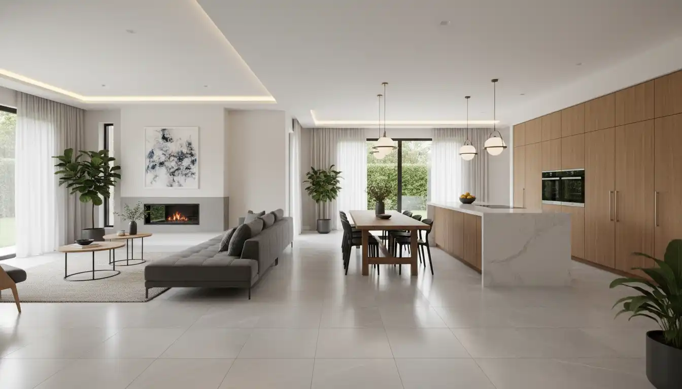 A spacious, open-concept living room and kitchen with a continuous, large-format, light gray porcelain tile floor.