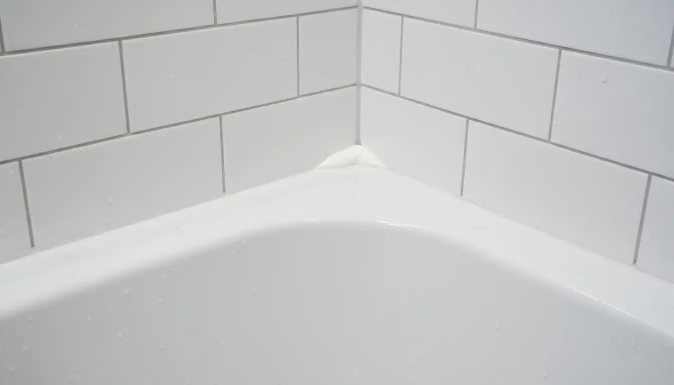 A clean, waterproof seal between white subway tiles and the edge of a modern alcove bathtub.