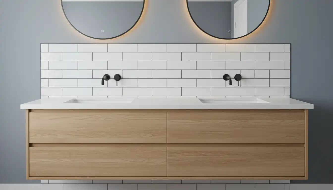 Newly installed white subway tile backsplash with dark grout on a wall behind a modern wooden bathroom vanity.