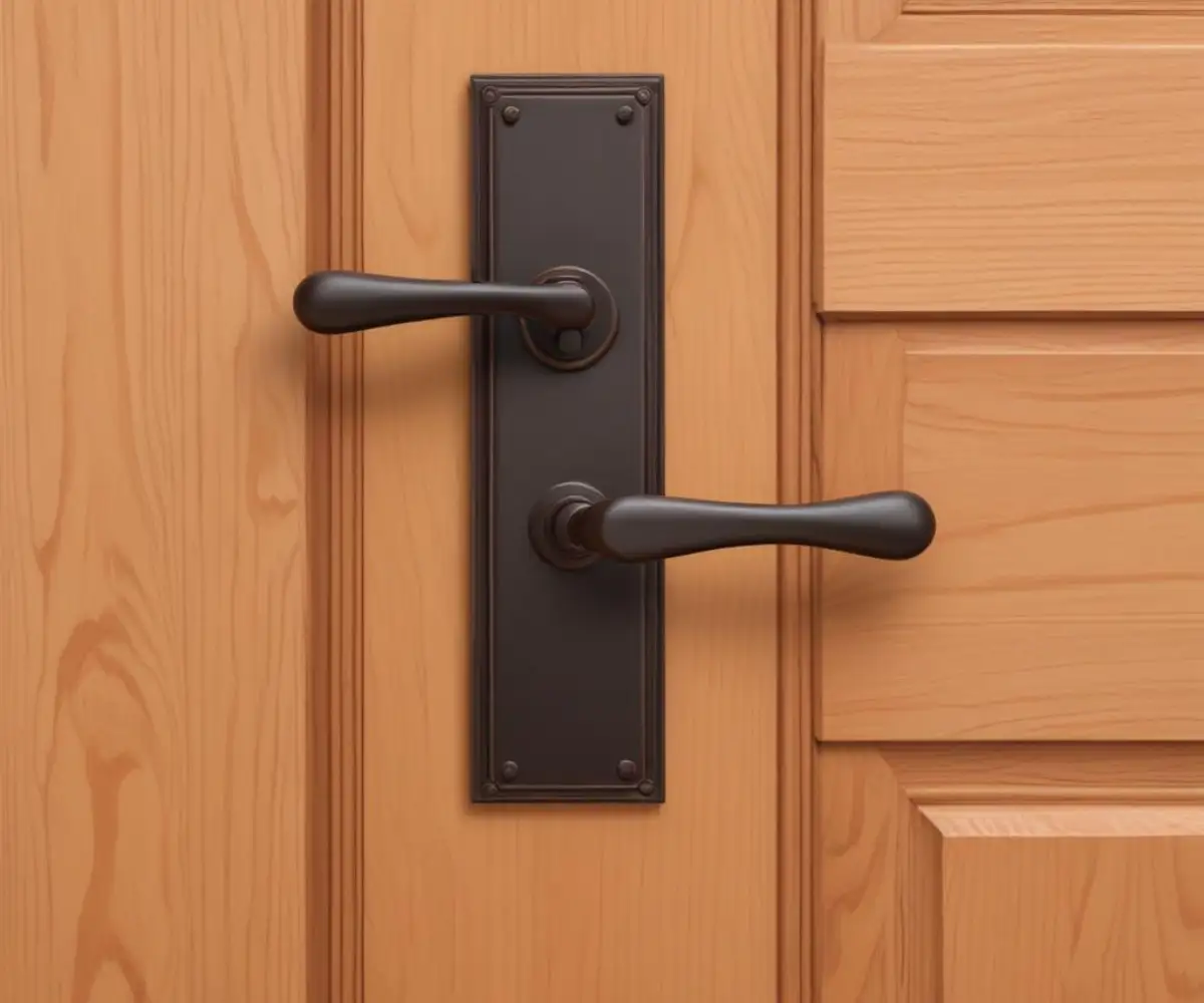 A classic oil-rubbed bronze lever door handle with a rectangular backplate on a solid wood paneled door.