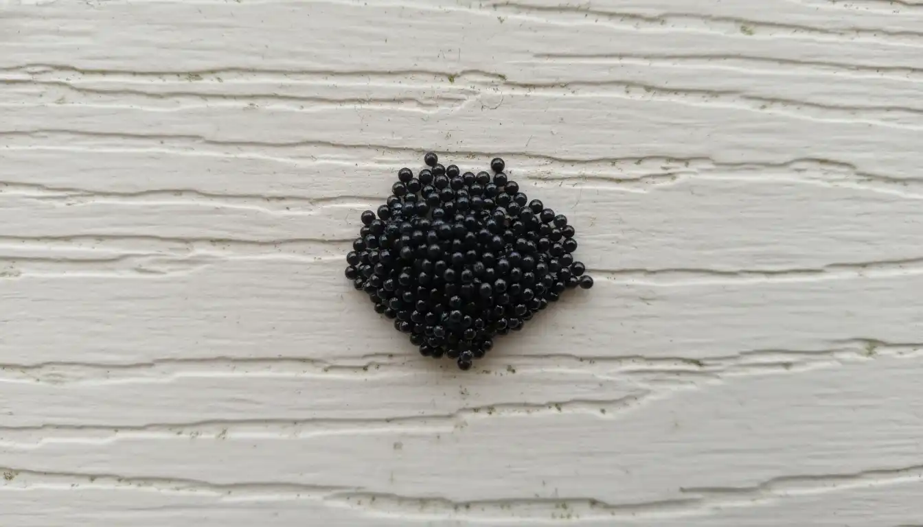 Close-up of tiny black eggs clustered on a vinyl house siding.