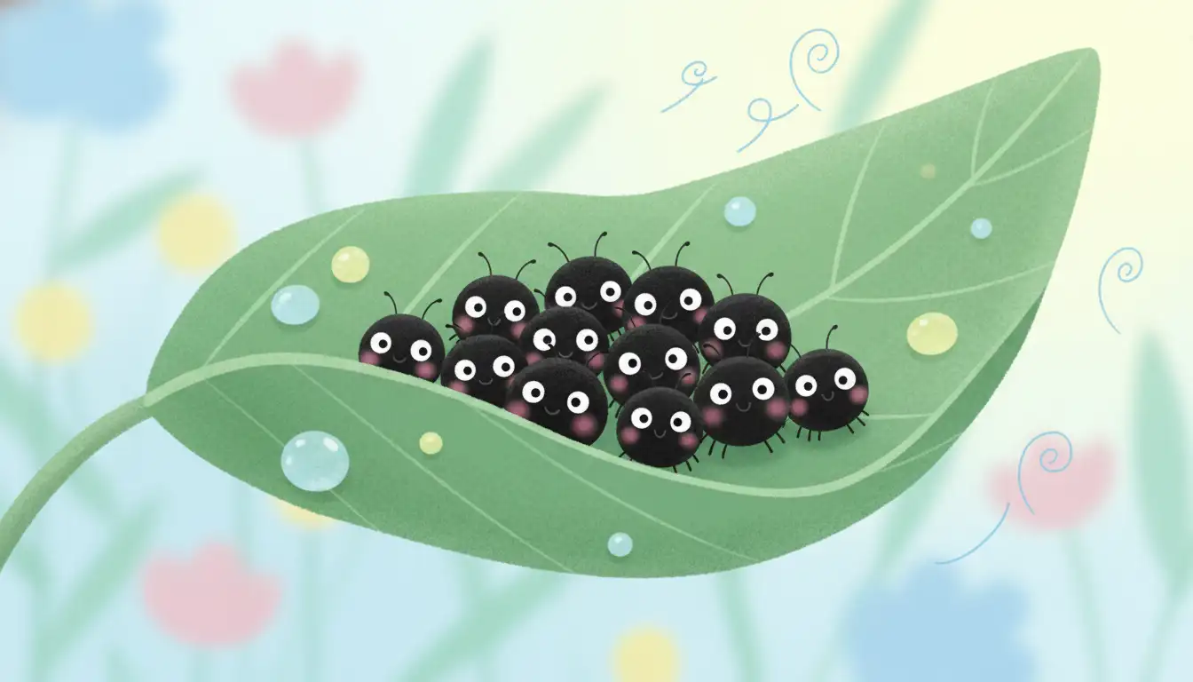 Close-up of minuscule black bugs clustered on a green plant leaf.