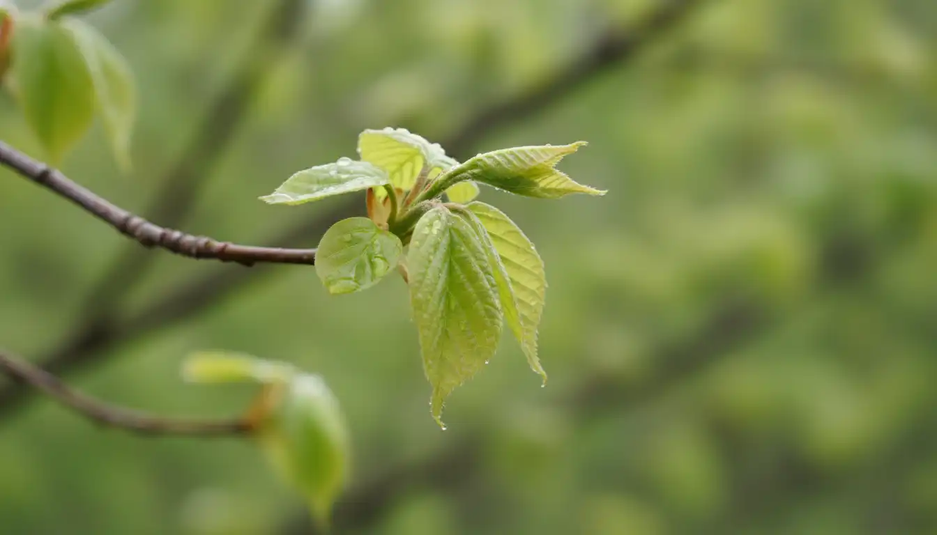 Close-up of tender new leaves at the very end of a tree branch, with a soft-focus green background.