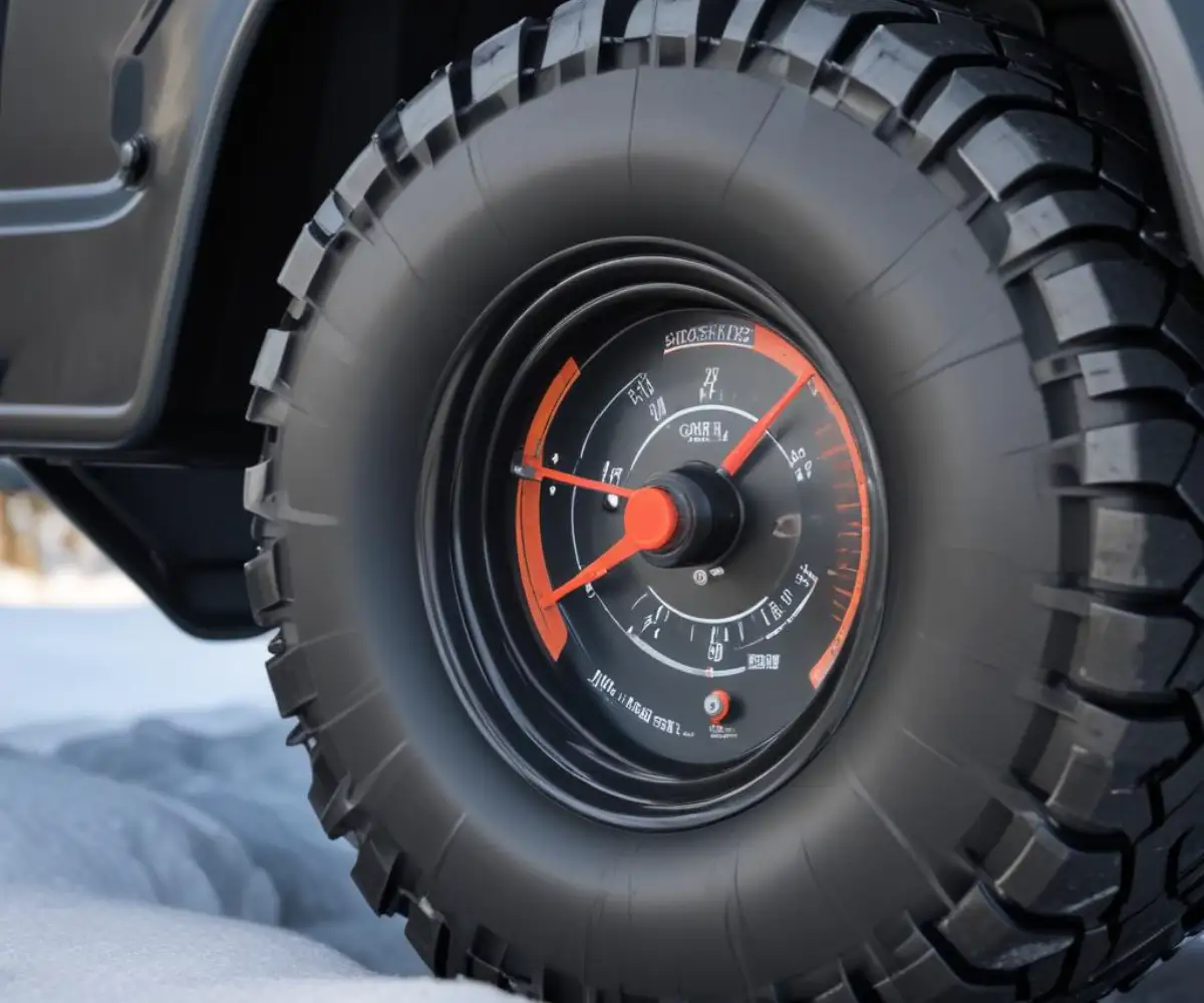 Close-up of a black snowblower tire with an air pressure gauge attached to the valve stem.