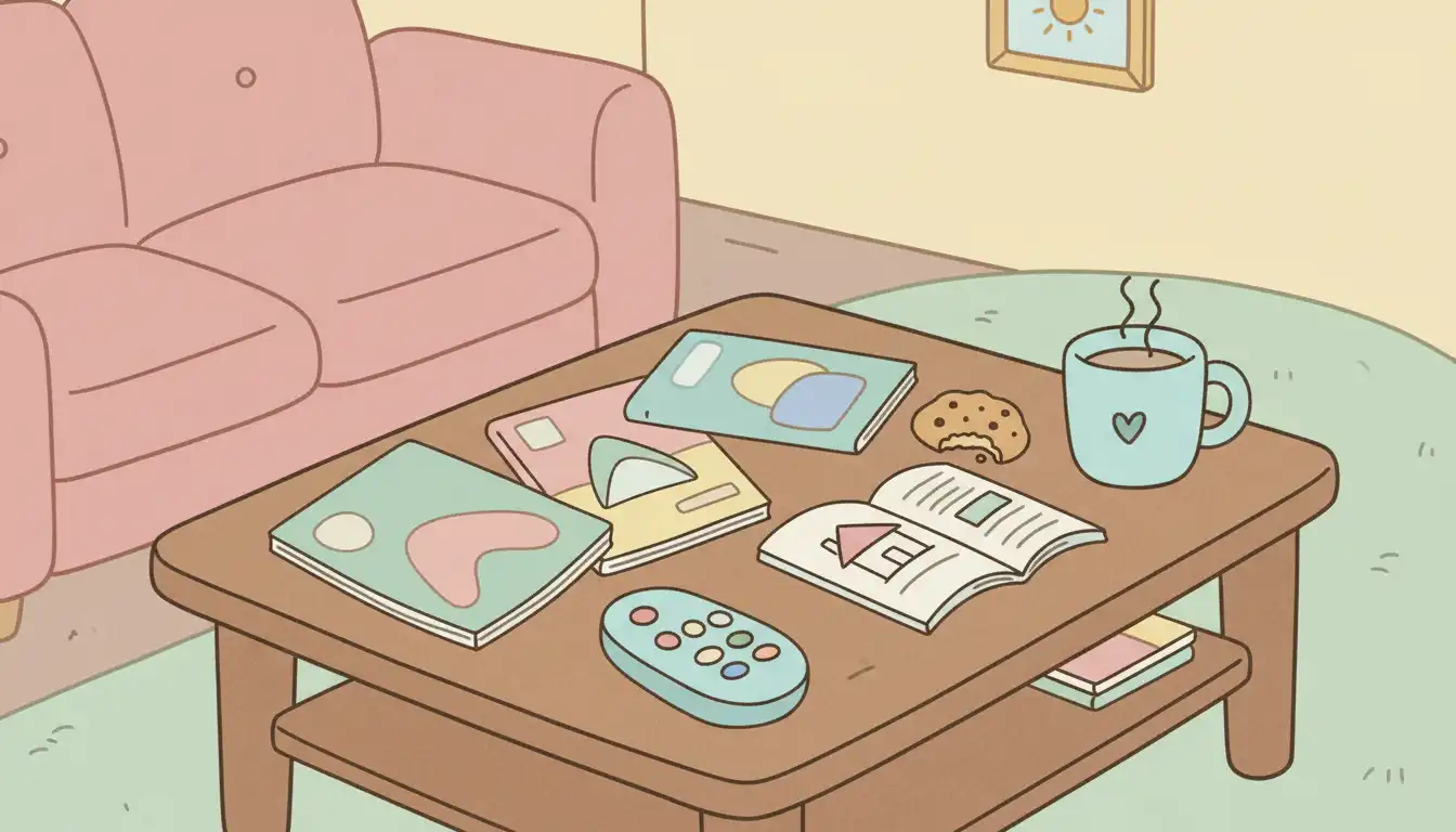 A cluttered wooden coffee table with magazines, a remote control, and an empty mug.