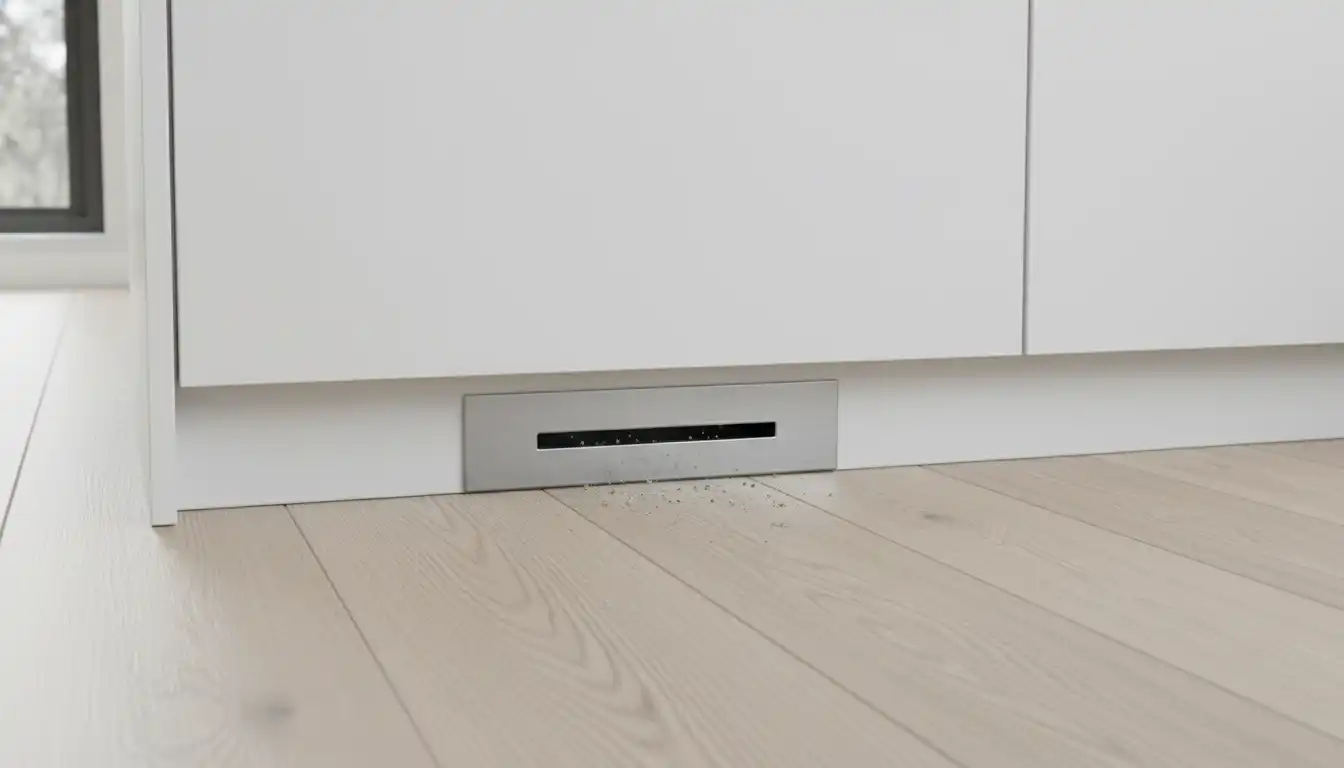 A stainless steel toe kick vacuum built into the base of a white kitchen cabinet on a light wood floor.