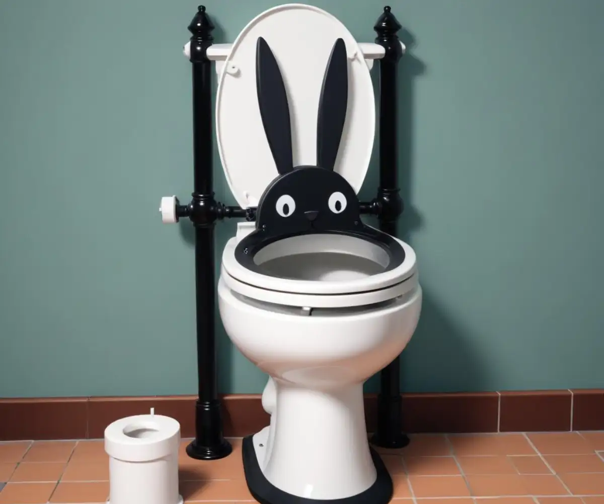 A black rubber toilet flapper with its mounting ears detached from the posts on the white flush valve assembly inside a ceramic toilet cistern.