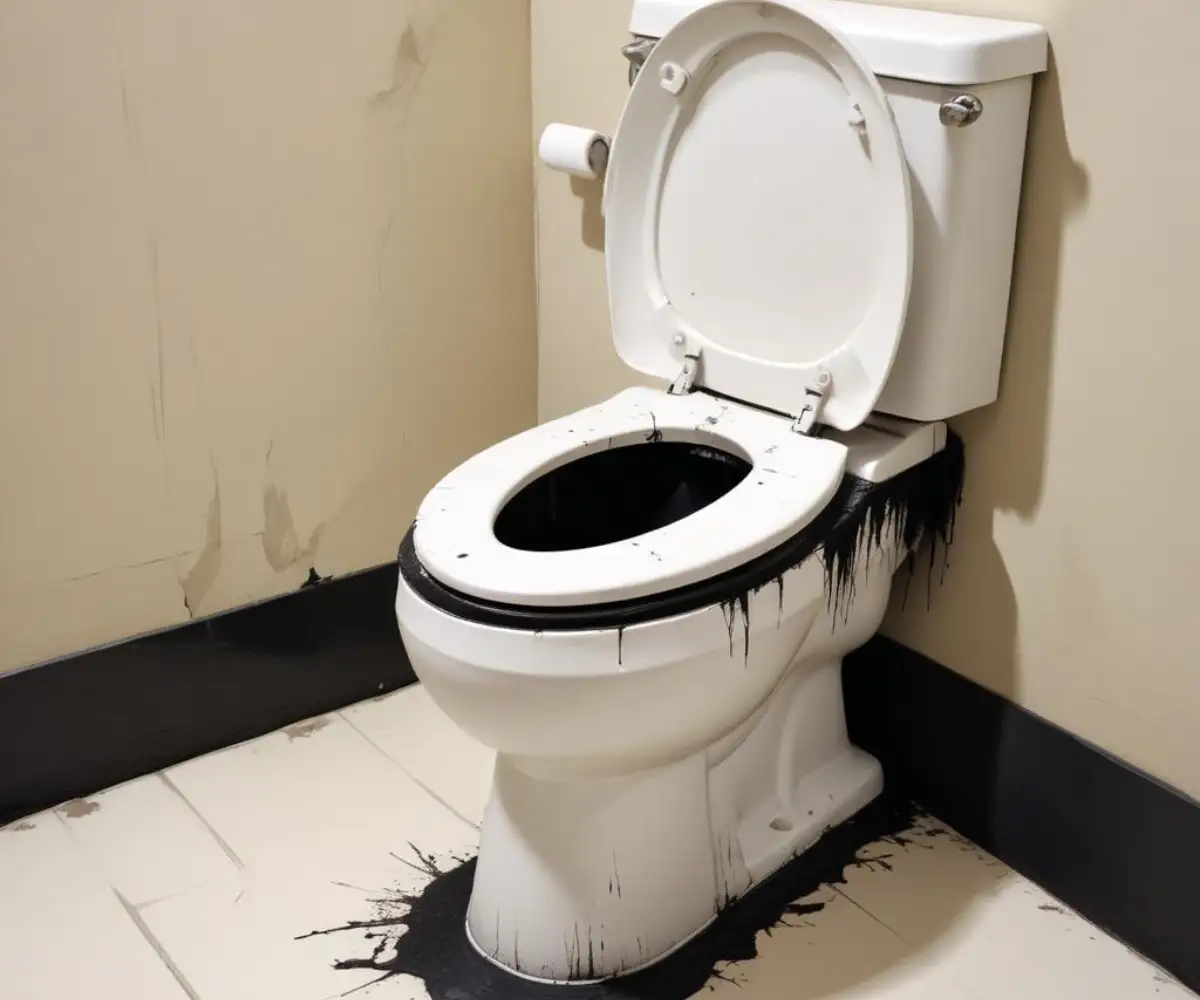 A worn and cracked black rubber toilet flapper with mineral deposits inside a white ceramic toilet tank.