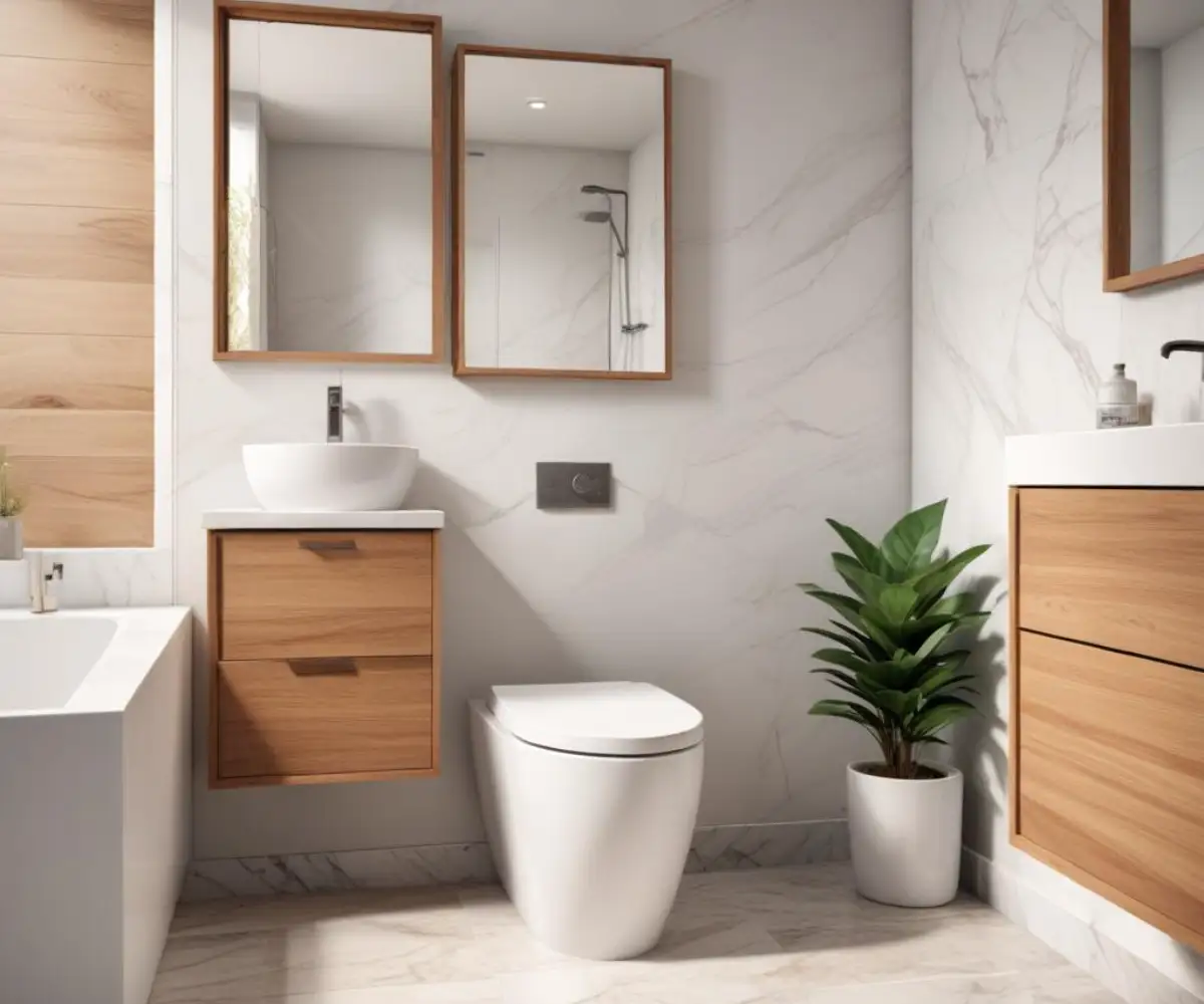 A modern bathroom with a white ceramic toilet positioned across from a floating wood vanity with a marble countertop.