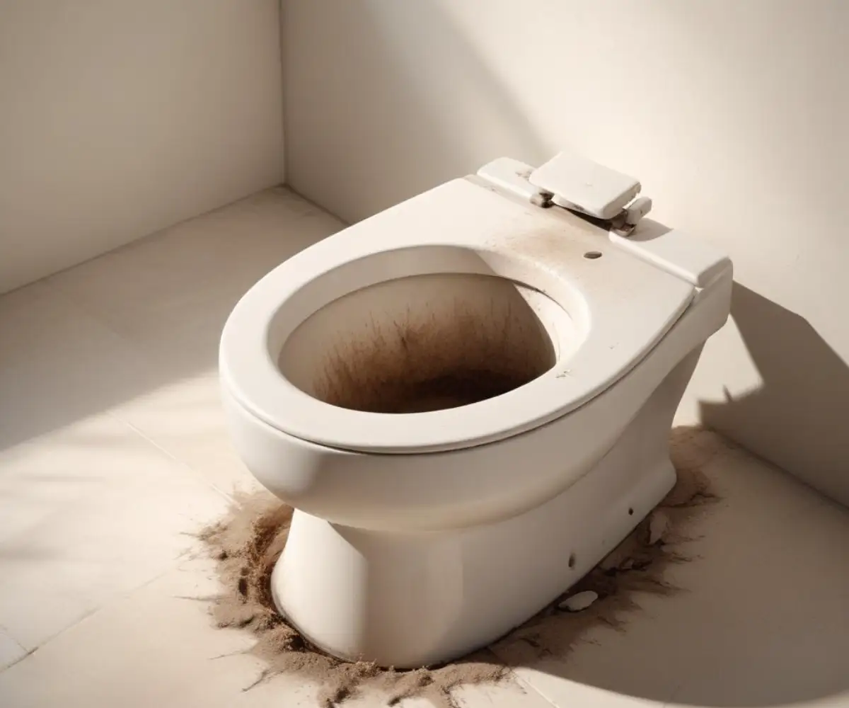 A dusty and stained white ceramic toilet bowl with a dried-out water ring from long-term disuse.