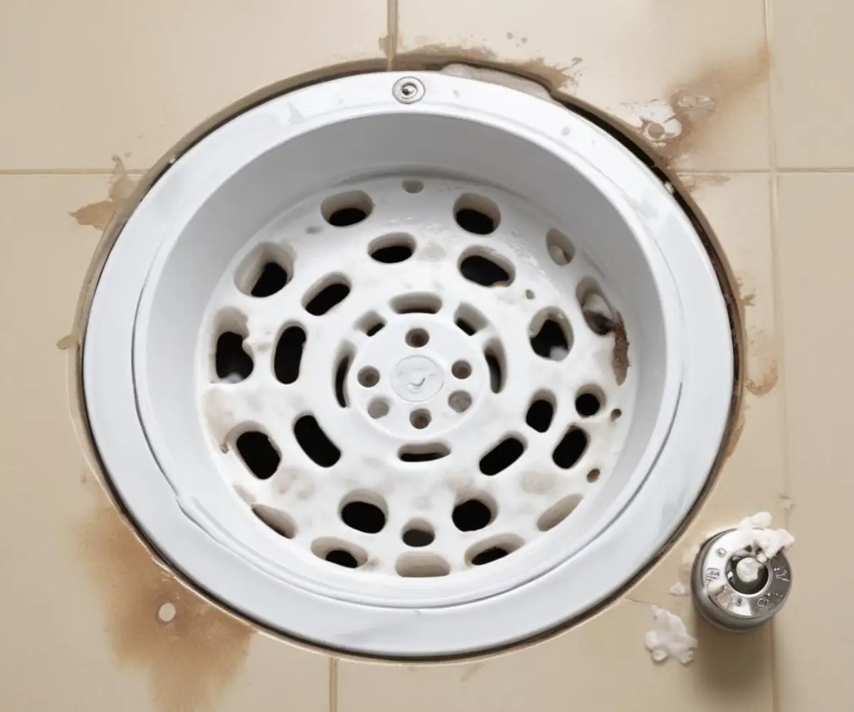 A white shower drain with remnants of dissolved toilet paper causing a blockage in the chrome drain cover.