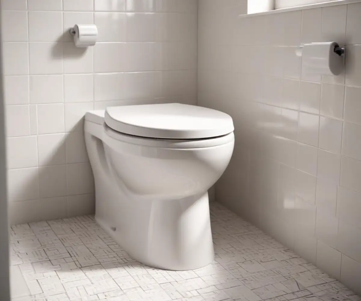 A white ceramic toilet base sitting unevenly on a tiled floor, showing a noticeable gap underneath one side.