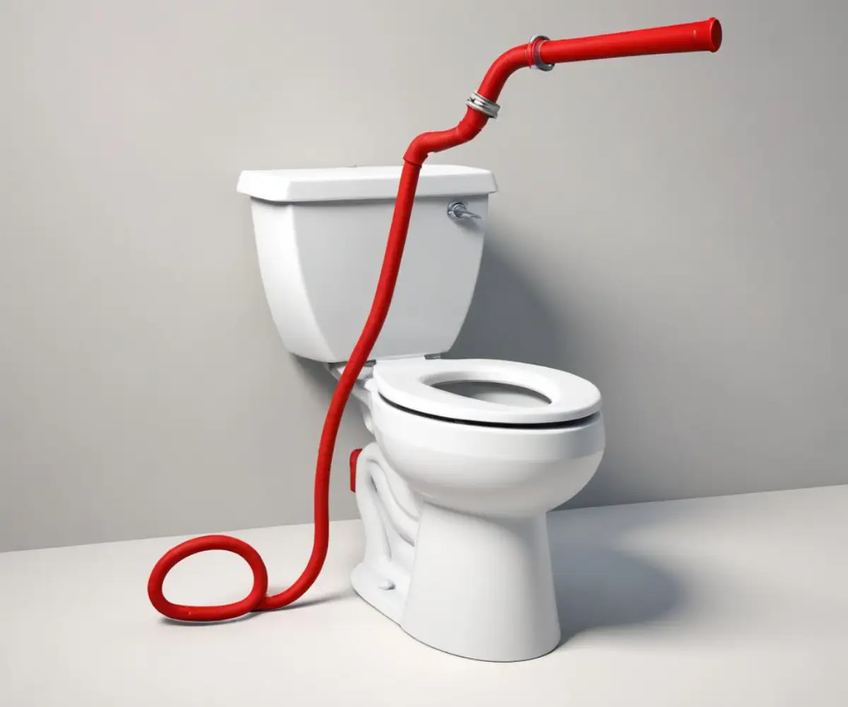 A metal toilet auger with a red crank handle and a coiled drain cable resting on a white background.