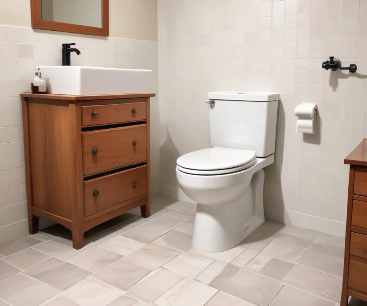 A white comfort height toilet installed on a tiled bathroom floor, next to a modern wooden vanity.