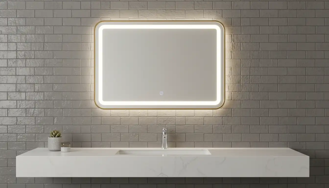 A modern, wall-mounted, backlit, rectangular vanity mirror with rounded corners, casting a soft glow on a tiled wall.