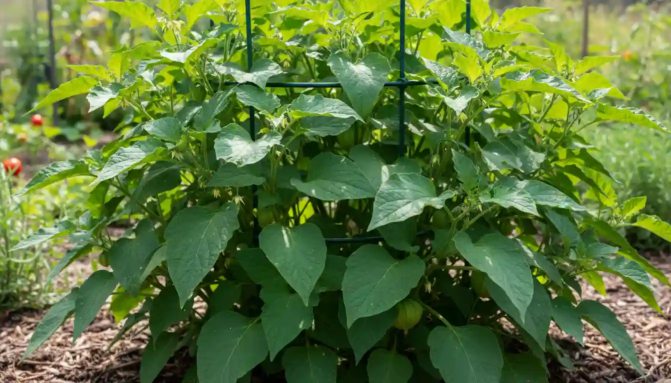 A lush, green tomatillo plant with many leaves but no visible fruit in an outdoor garden setting.