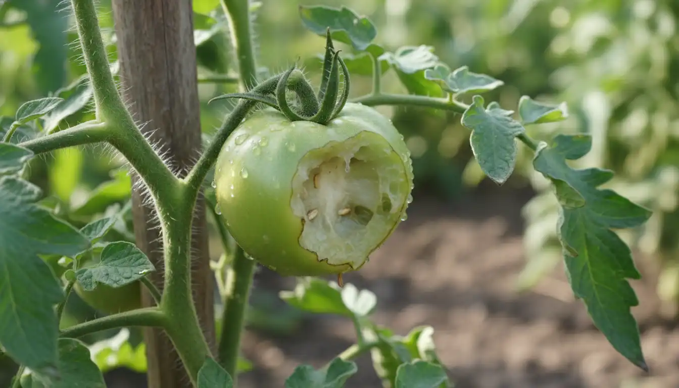 A close-up of a tomato plant vine with a single, half-eaten green tomato.