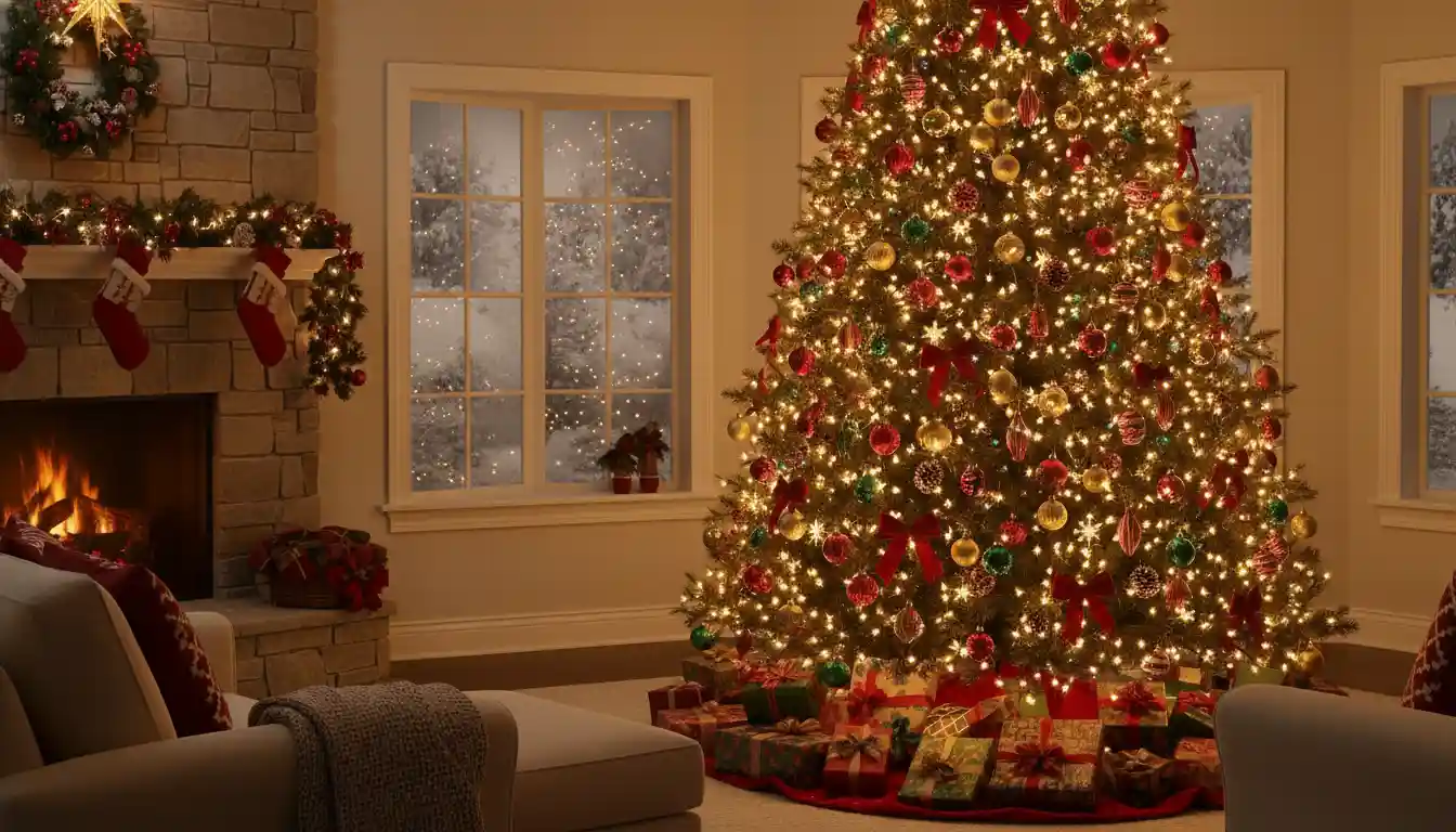 A festive christmas tree brightly illuminated with an overabundance of glowing string lights in a cozy living room setting.