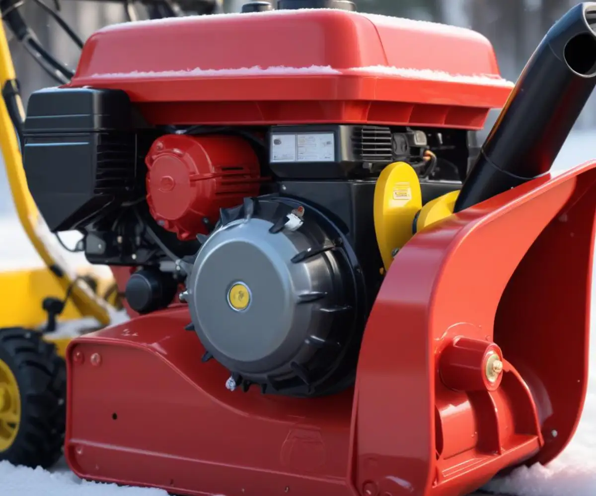 Close-up of a red snowblower's engine with a yellow oil dipstick handle and a black oil fill cap, set against a clean, out-of-focus background.