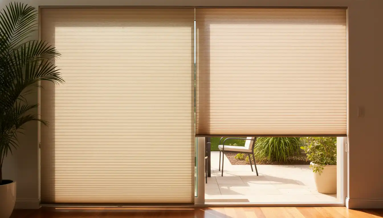 A light-filtering top-down bottom-up cellular shade on a sliding glass door that opens to a sunlit patio.