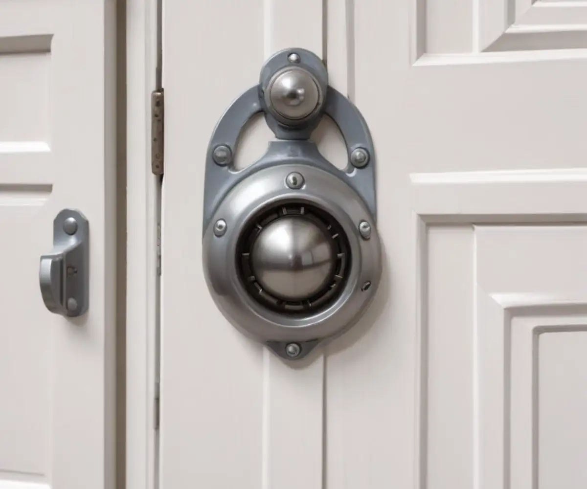 A close-up view of a metal ball bearing spring catch assembly on the top edge of a white door.
