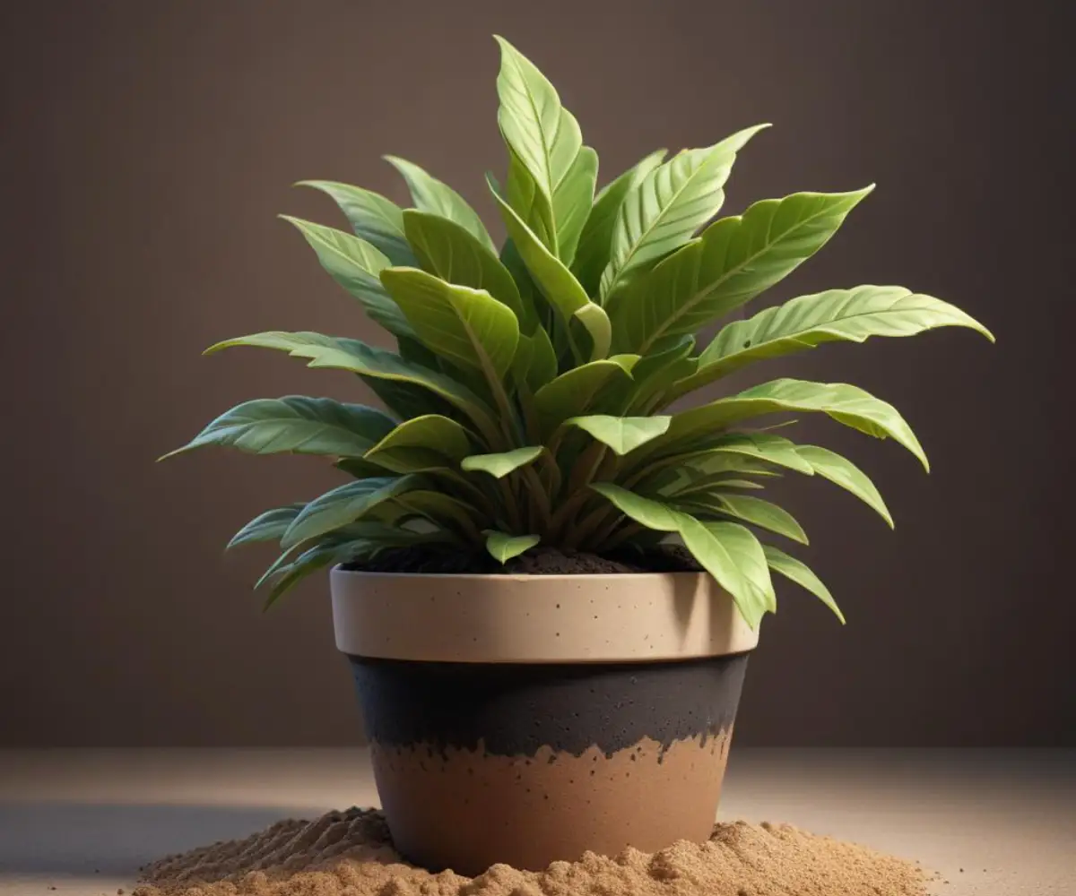 A close-up of a potted plant showing a top layer of coarse horticultural sand covering the dark potting soil.