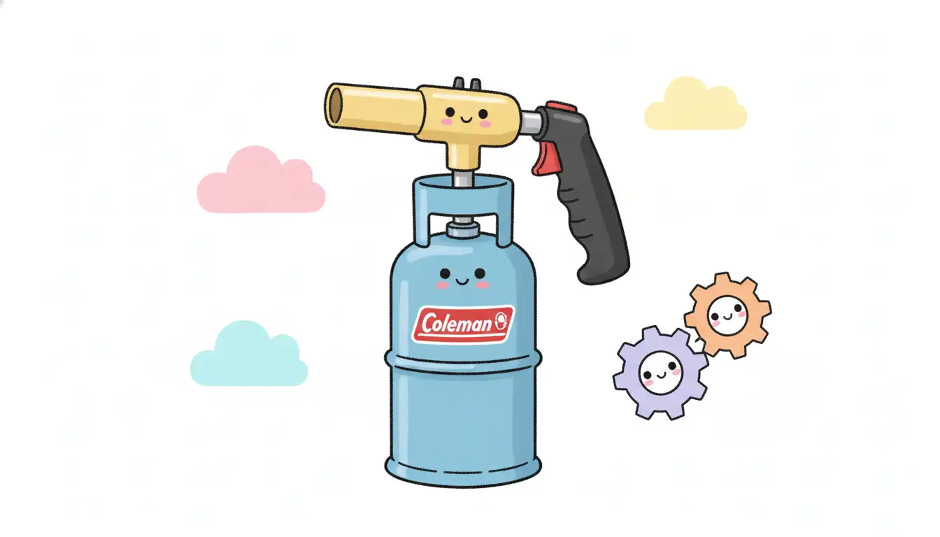 A handheld propane torch head with a brass nozzle and black handle attached to a blue Coleman propane fuel cylinder.