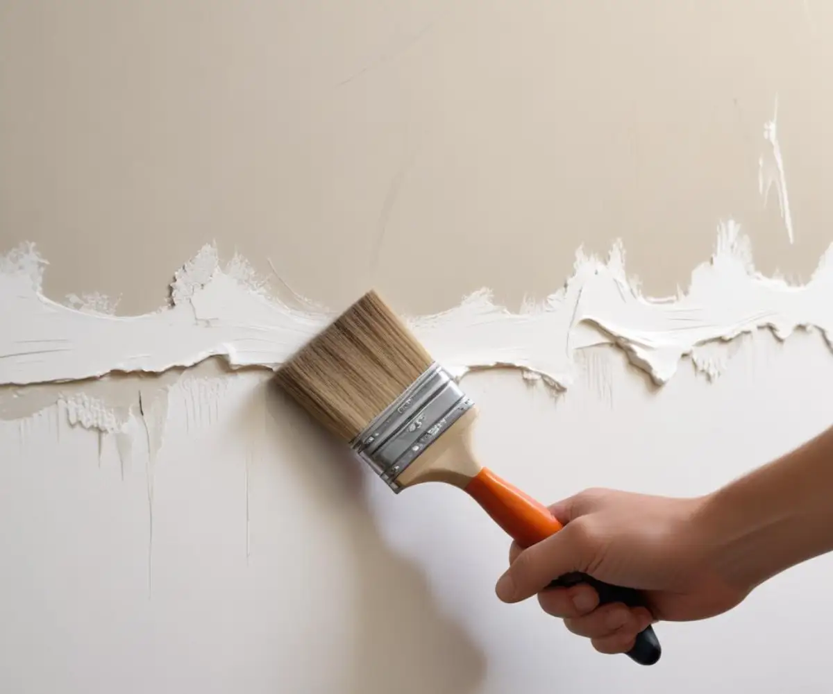 Close-up of a paintbrush applying a white sealer to an area of torn and damaged drywall paper on a wall.