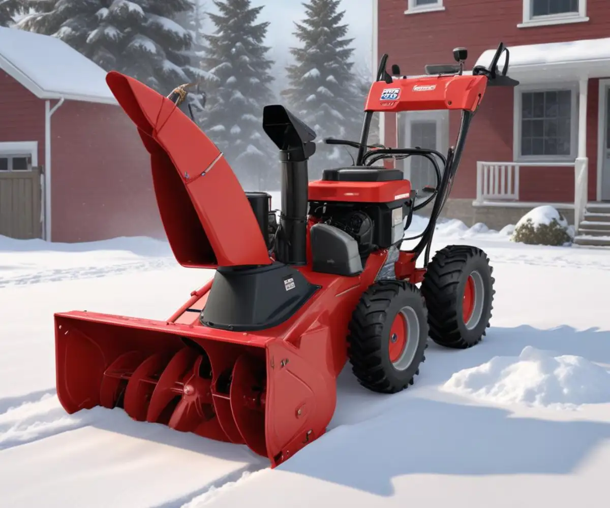 A red Toro Power Max 826 LE two-stage snow blower on a paved surface.
