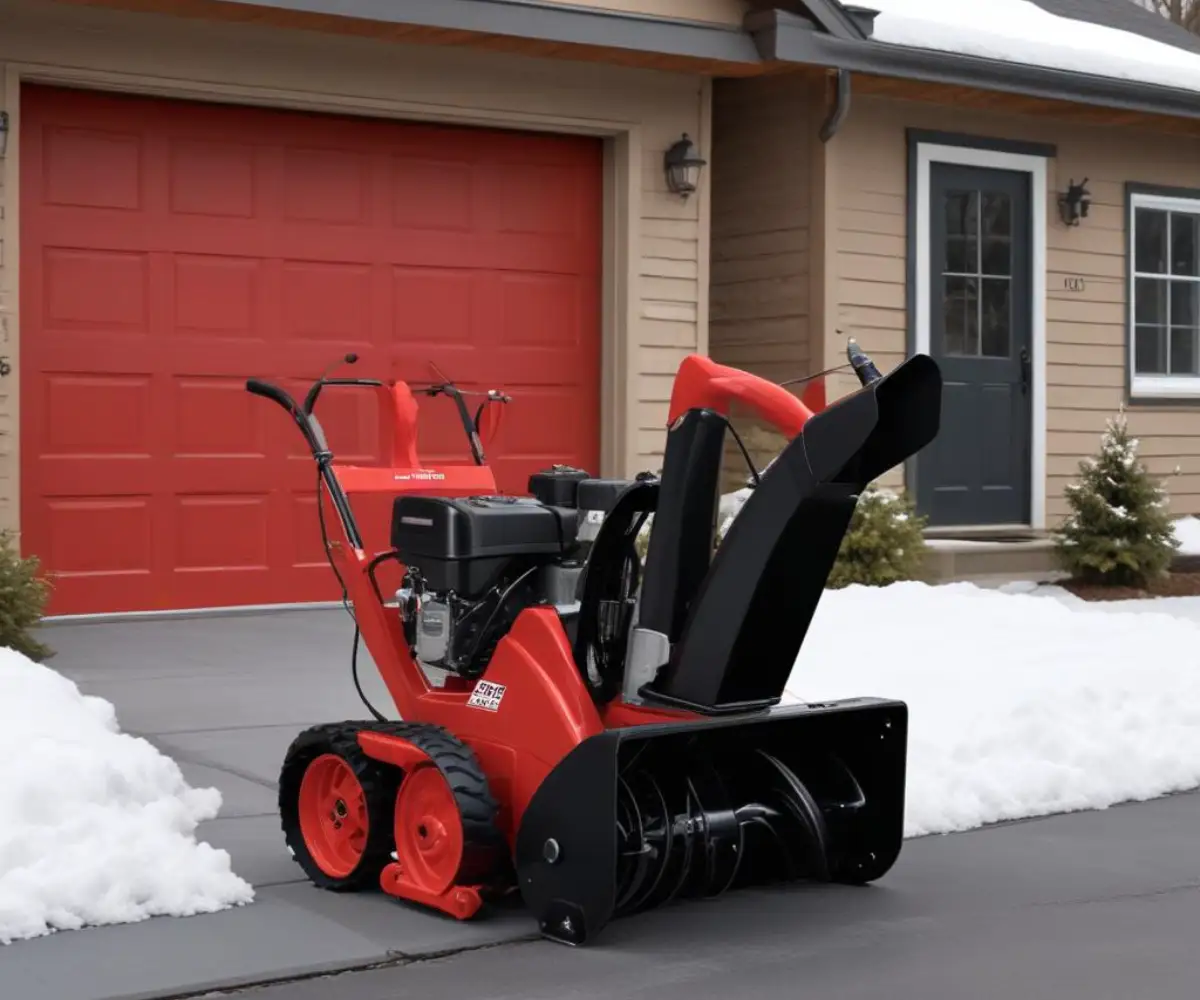 A red and black Toro CCR 2000 single-stage snow blower on a paved surface with a garage door in the background.