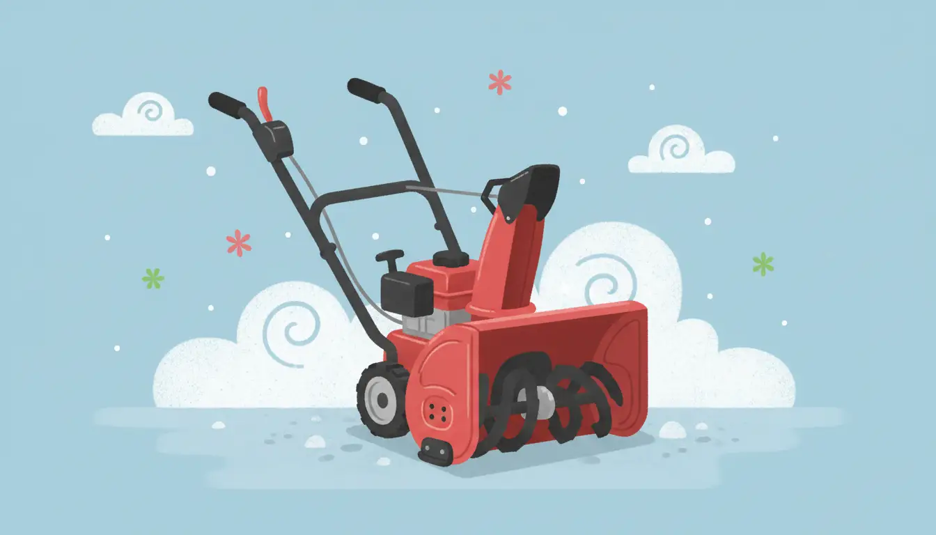 Red single-stage snow blower with a black handle, sitting on a clean concrete surface.