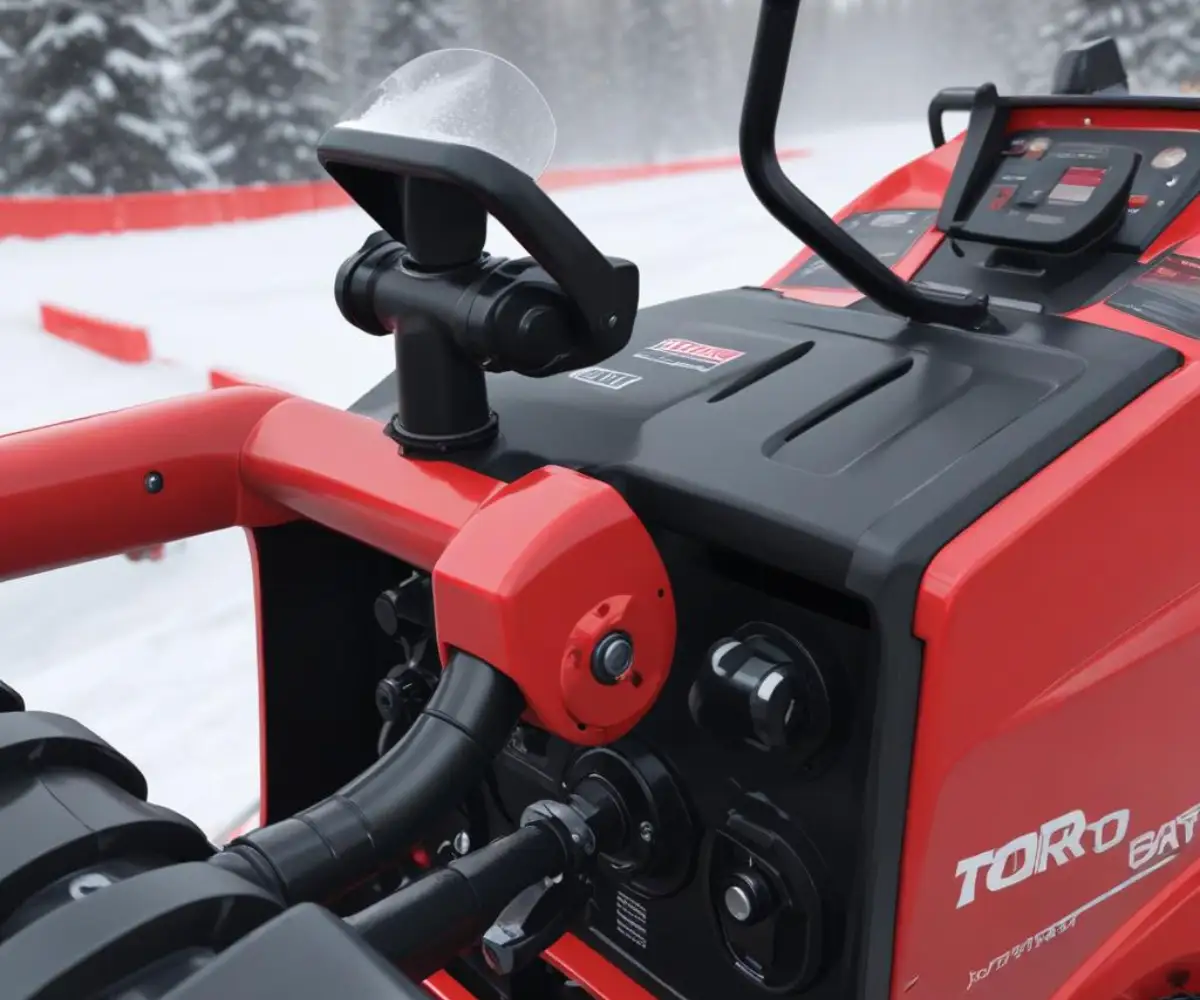 Close-up of a black joystick chute control mechanism on the handlebar of a red Toro snow blower.