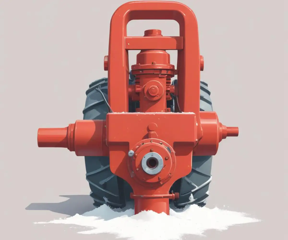 A close-up of a red snowblower auger gearbox with a bottle of gear oil placed next to it on a clean concrete floor.