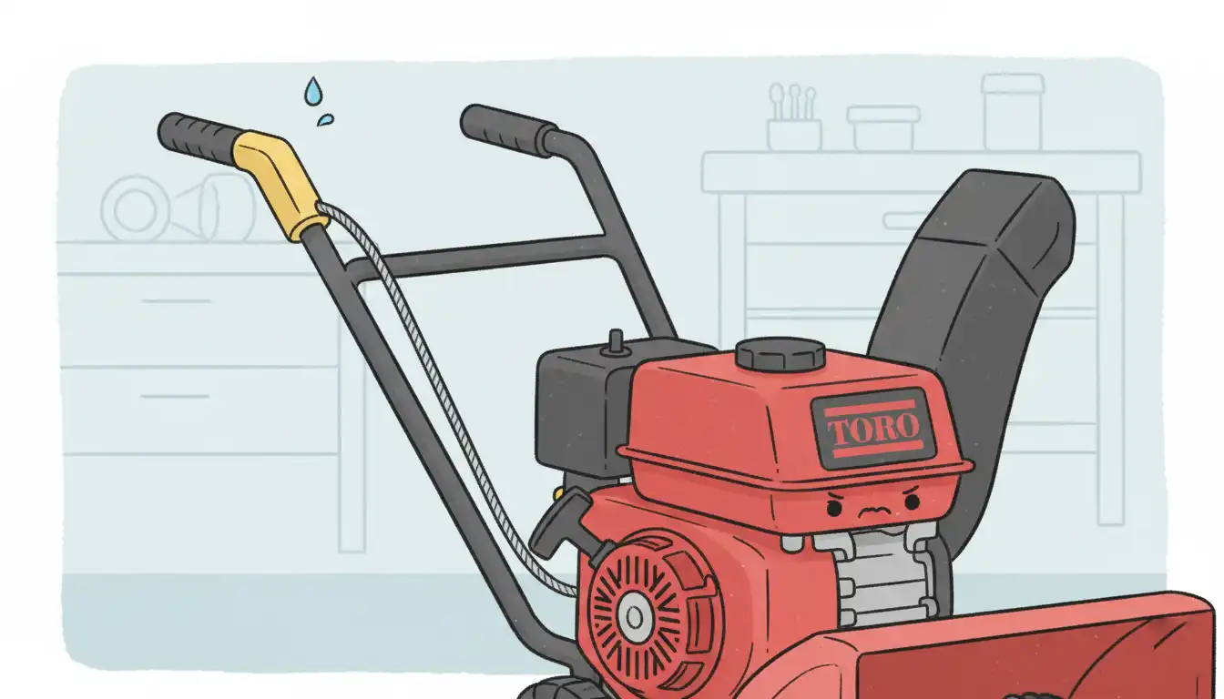 Close-up of a red Toro snowblower engine with a visible pull cord handle.