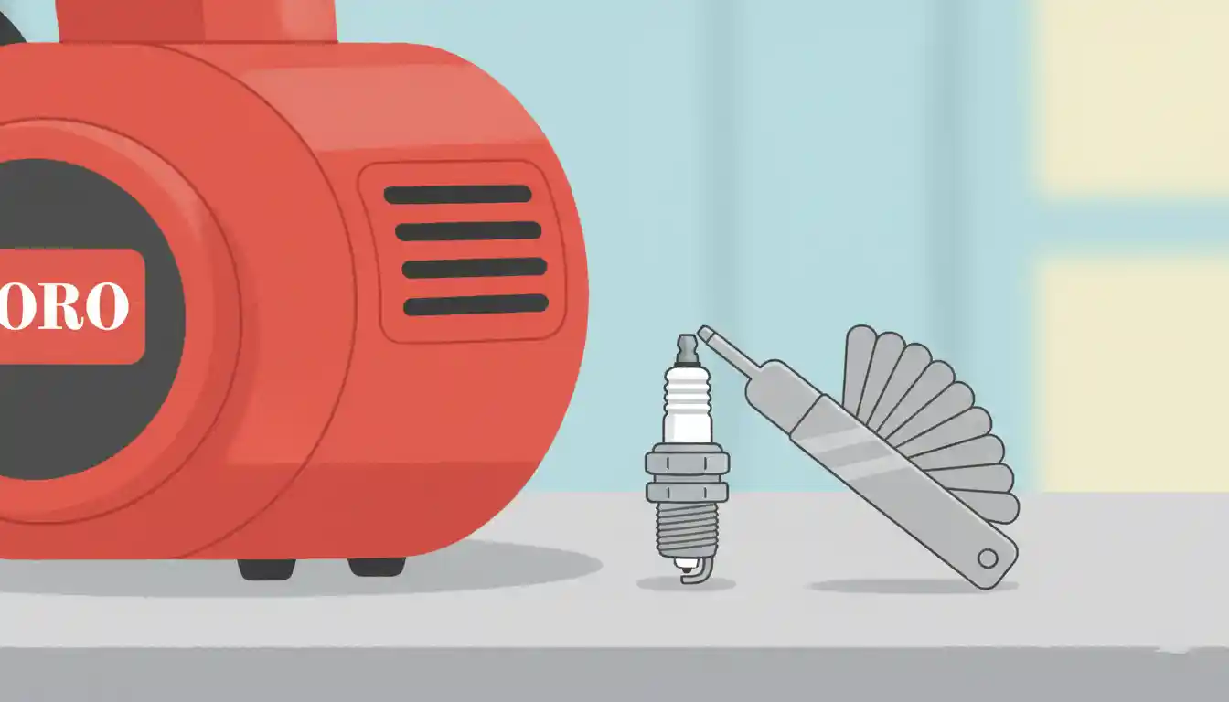 A close-up of a new spark plug and a feeler gauge tool used for measuring the gap, placed on a clean, flat surface next to the engine housing of a red snowblower.