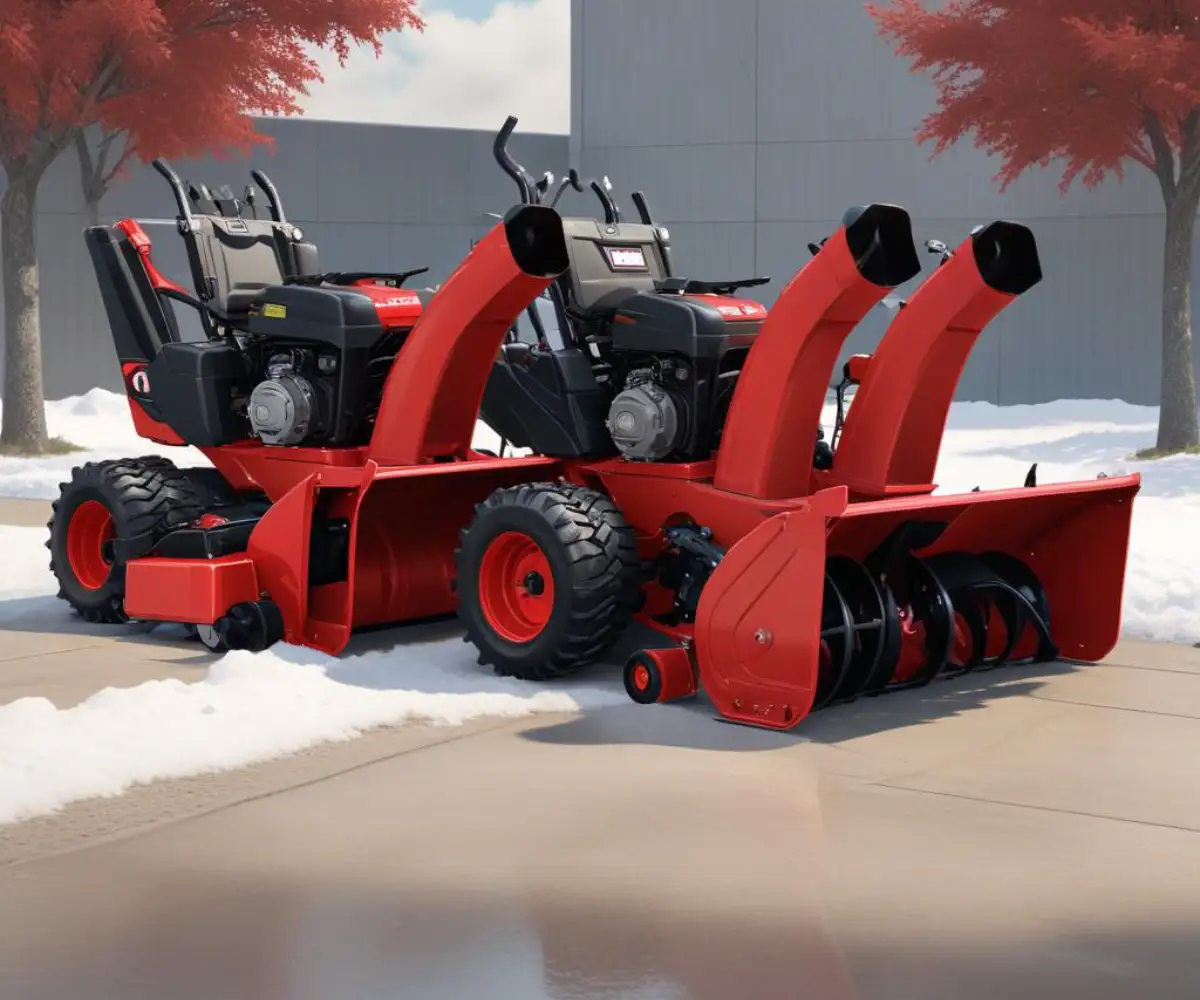 Two red and black Toro SnowMaster snow blowers parked side-by-side on a clean concrete surface.