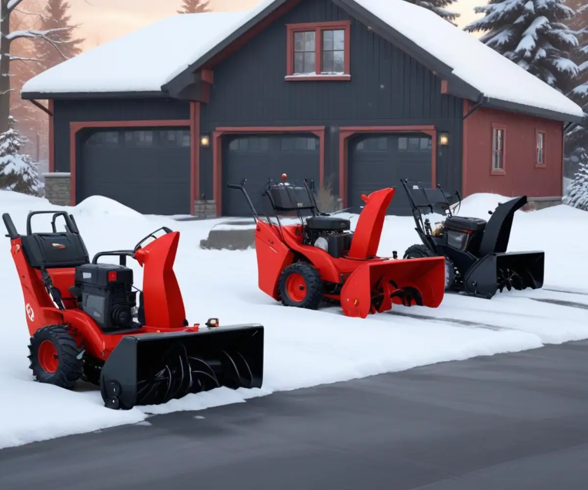 A red single-stage snowblower next to a black two-stage snowblower on a snow-covered driveway.